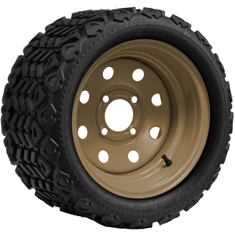 SGC 12″ Steel Wheel – Desert Sand – 8 Holes / STEELENG 20″x10″-12″ All Terrain Tire DOT approved Tires Combo – Set of 4