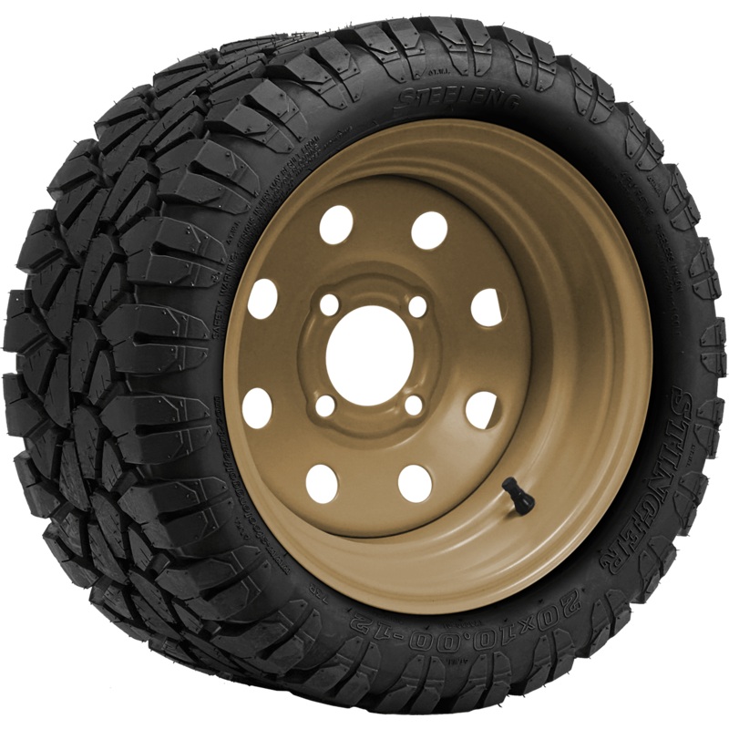 SGC 12″ Steel Wheel – Desert Sand – 8 Holes / STEELENG 20″x10″-12″ STINGER All Terrain Tire DOT approved Tires Combo – Set of 4