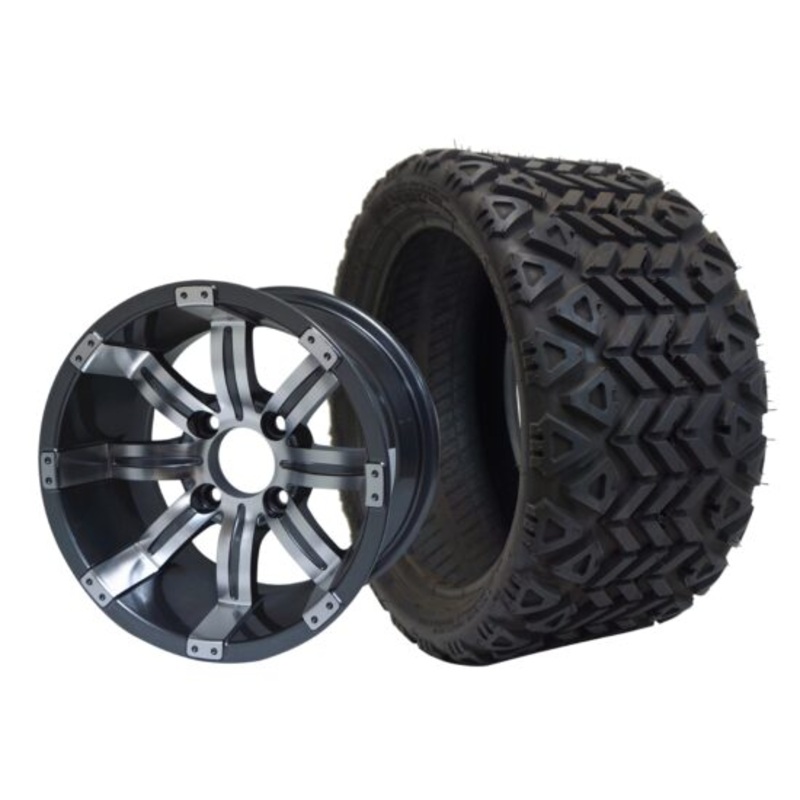 SGC 12″ Tempest Machined Gunmetal Wheel – Aluminum Alloy / STEELENG 18″x8.5″-12″ All-Terrain Tire DOT approved Tires Combo – Set of 4