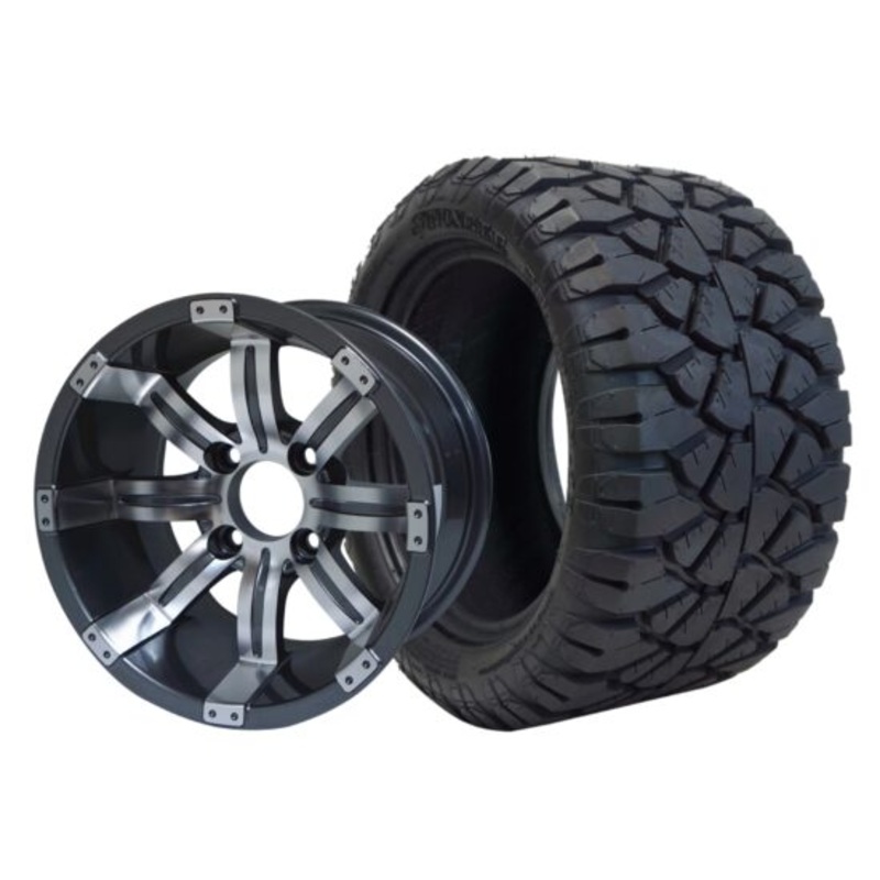 SGC 12″ Tempest Machined Gunmetal Wheel – Aluminum Alloy / STEELENG 20″x10″-12″ STINGER All Terrain Tire DOT approved Tires Combo – Set of 4