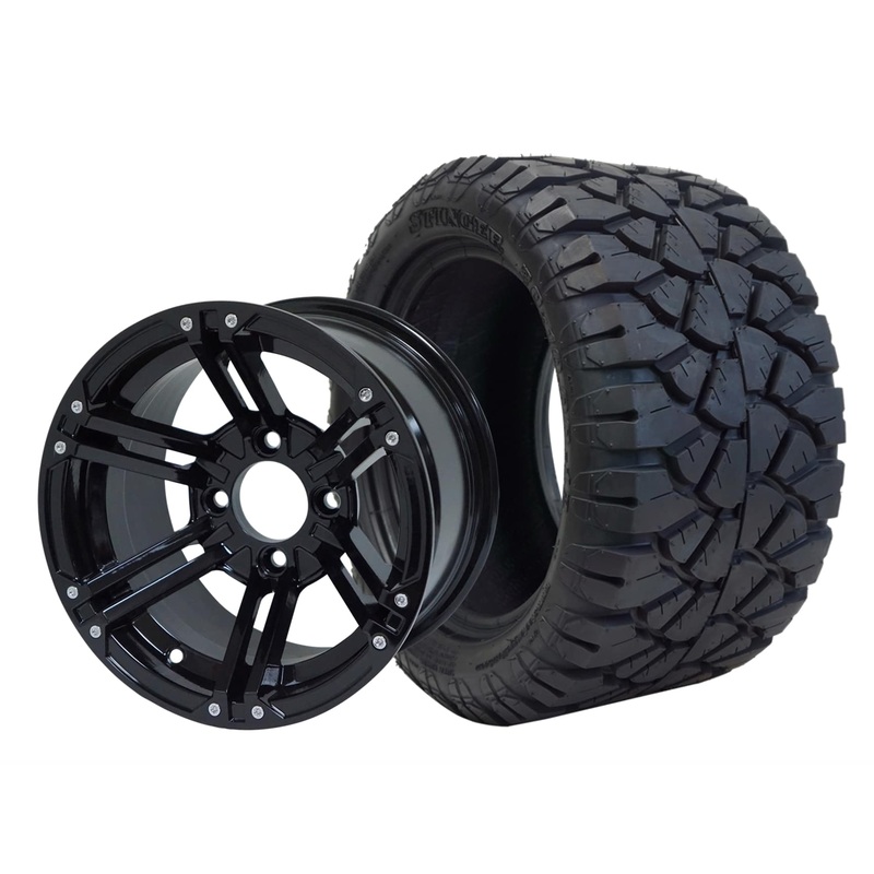 SGC 12″ Terminator Glossy Black Wheel – Aluminum Alloy / STEELENG 20″x10″-12″ STINGER All Terrain Tire DOT approved Tires Combo – Set of 4