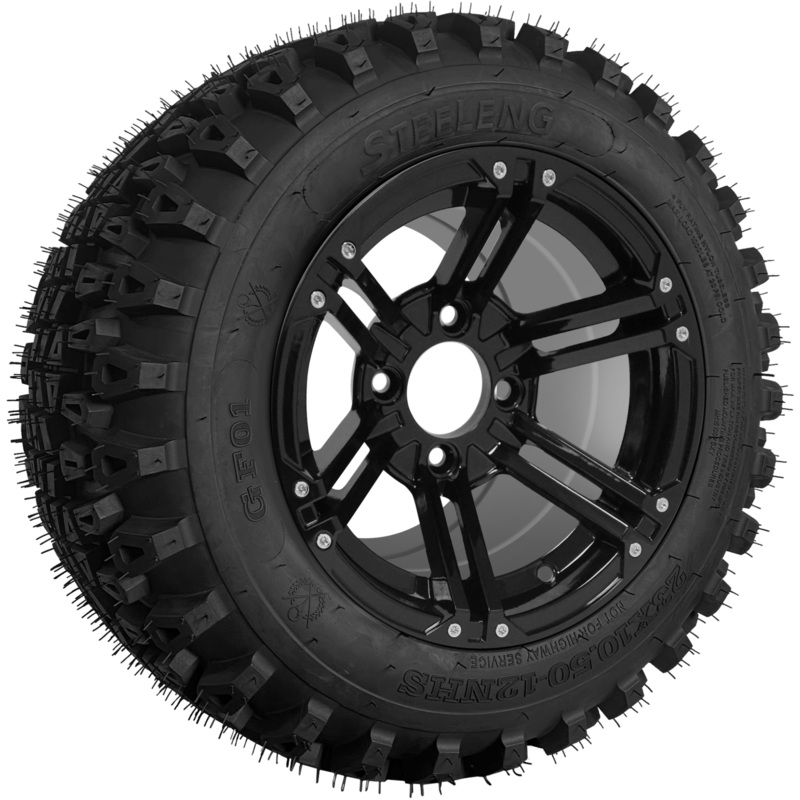 SGC 12″ Terminator Glossy Black Wheel – Aluminum Alloy / STEELENG 23″x10.5″-12″ QH All Terrain Tire (Copy) Tires Combo – Set of 4
