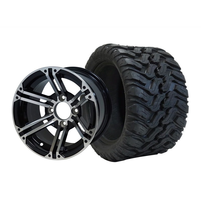 SGC 12″ Terminator Machined/Black Wheel – Aluminum Alloy / STEELENG 20″x10″-12″ Mud Terrain Tire Tires Combo – Set of 4