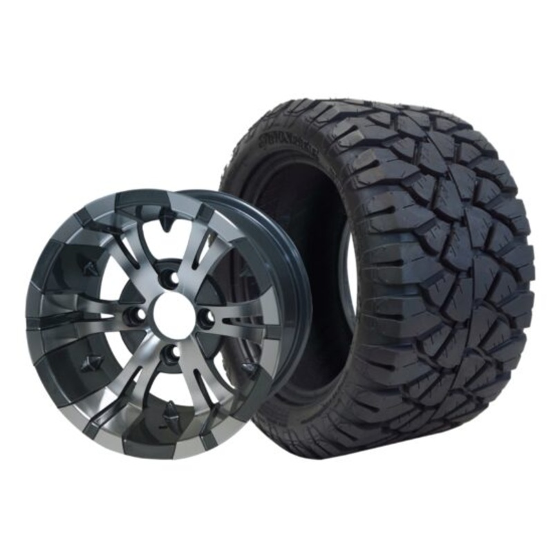 SGC 12″ Vampire Machined/Gunmetal Wheel – Aluminum Alloy / STEELENG 20″x10″-12″ STINGER All Terrain Tire DOT approved Tires Combo – Set of 4