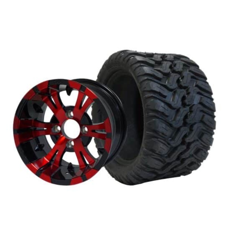 SGC 12″ Vampire Red/Black Wheel – Aluminum Alloy / STEELENG 20″x10″-12″ Mud Terrain Tire Tires Combo – Set of 4