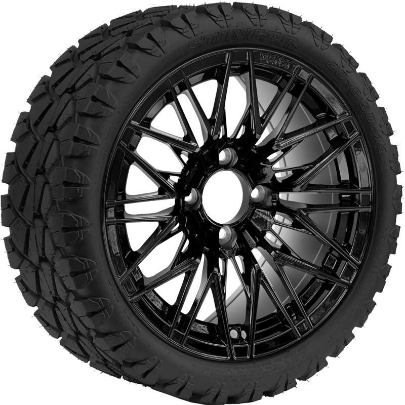 SGC 14 ” Hornet Glossy Black Wheel – Aluminum Alloy / STEELENG 20 “x8.5 “-14 ” STINGER AT Tire DOT Approved  Tires Combo – Set of 4