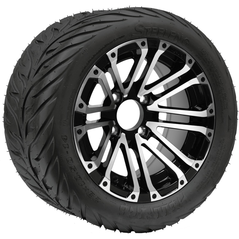 SGC 14″ Lancer Machined/Black Wheel – Aluminum Alloy / STEELENG 23″x10.5″-14″ HELLFIRE Street Tire DOT Approved Tires Combo – Set of 4