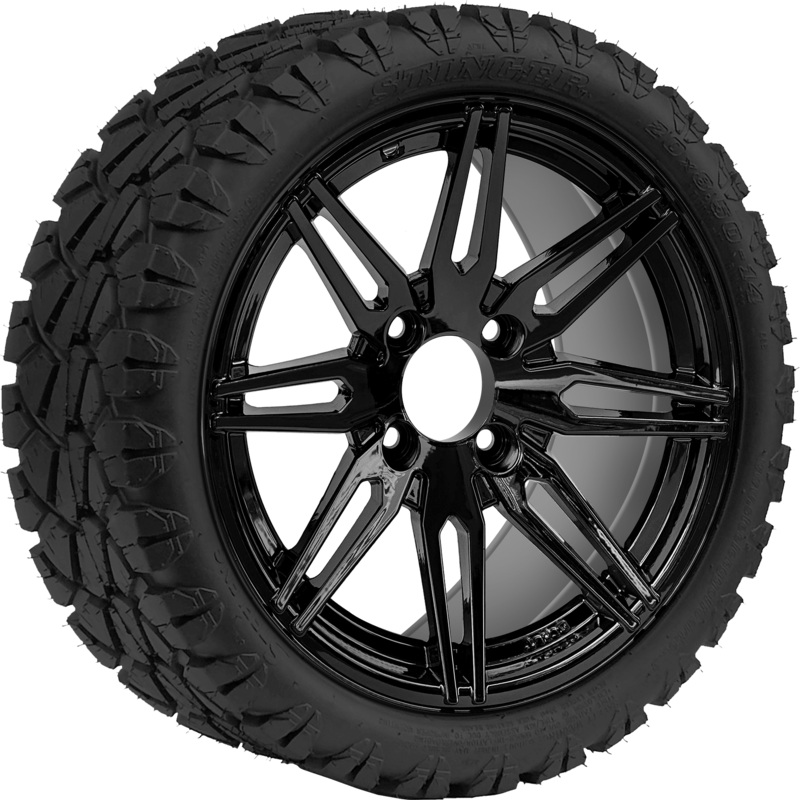 SGC 14″ Lynx Glossy Black Wheel – Aluminum Alloy / STEELENG 20″x8.5″-14″ STINGER AT Tire DOT Approved Tires Combo – Set of 4