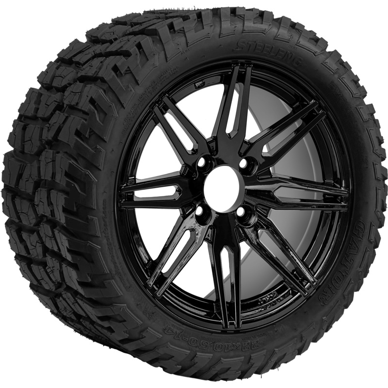 SGC 14″ Lynx Glossy Black Wheel – Aluminum Alloy / STEELENG 22″x10.5″-14″ GATOR All Terrain DOT Approved Tires Combo – Set of 4