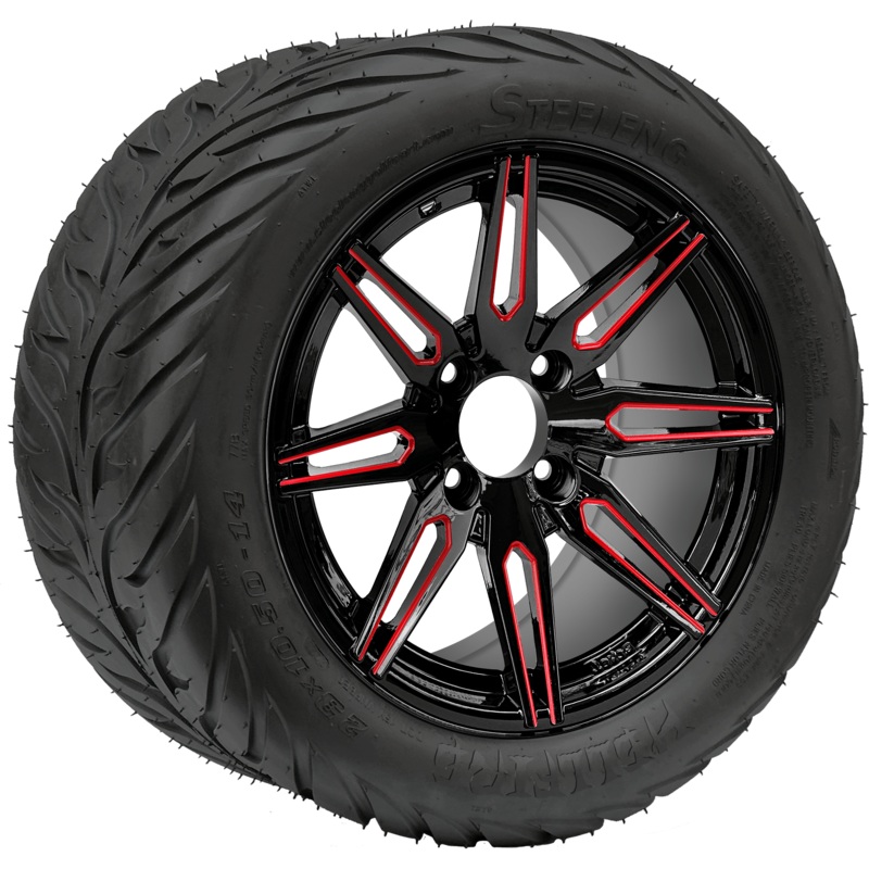 SGC 14″ Lynx Red/Black Wheel – Aluminum Alloy / STEELENG 23″x10.5″-14″ HELLFIRE Street Tire DOT Approved Tires Combo – Set of 4