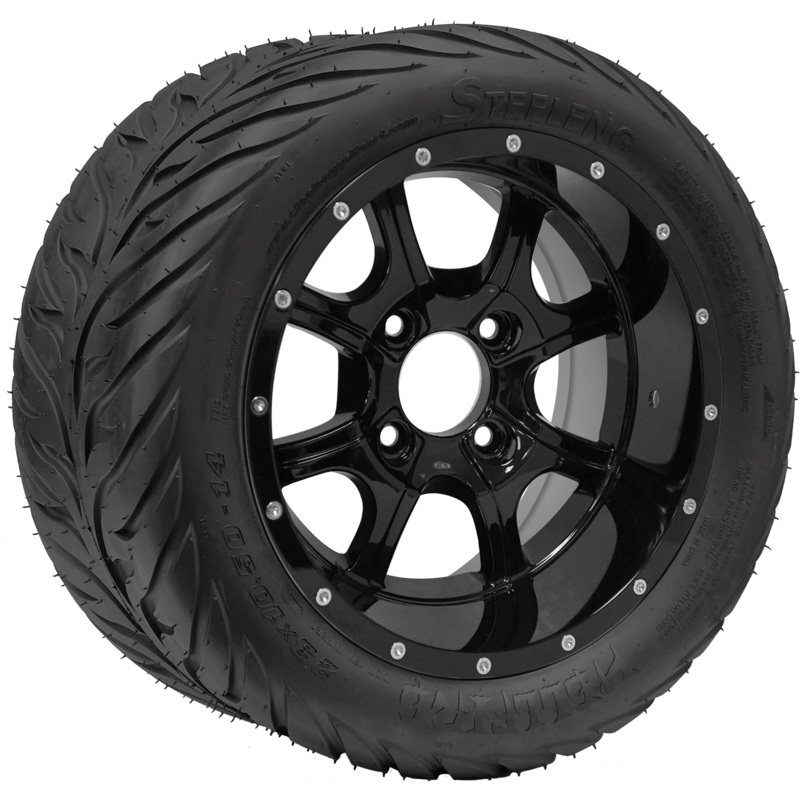 SGC 14″ Night Stalker Glossy Black Wheel – Aluminum Alloy / STEELENG 23″x10.5″-14″ HELLFIRE Street Tire DOT Approved Tires Combo – Set of 4