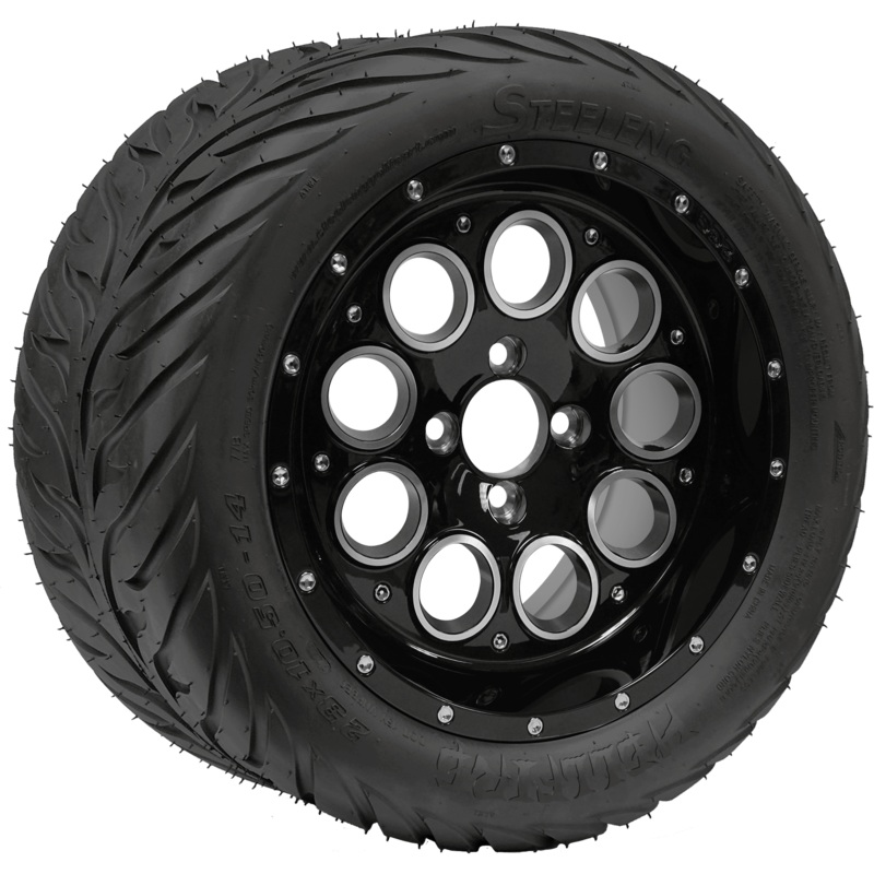 SGC 14″ Pioneer Glossy Black Wheel – Aluminum Alloy / STEELENG 23″x10.5″-14″ HELLFIRE Street Tire DOT Approved Tires Combo – Set of 4