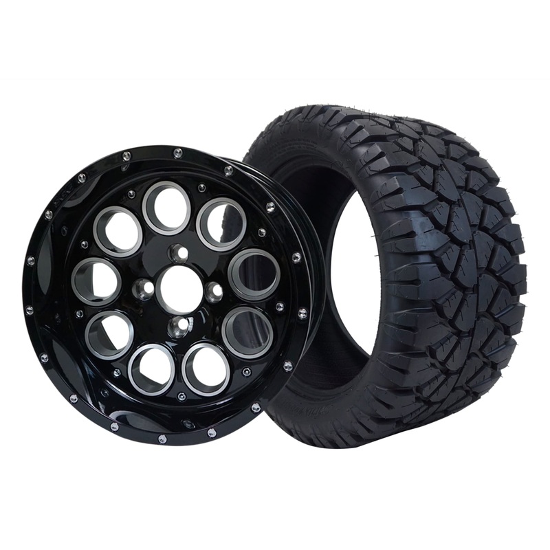 SGC 14″ Pioneer Glossy Black Wheel – Aluminum Alloy / STEELENG 23″x10.5″-14″ STINGER AT Tire DOT Approved Tires Combo – Set of 4