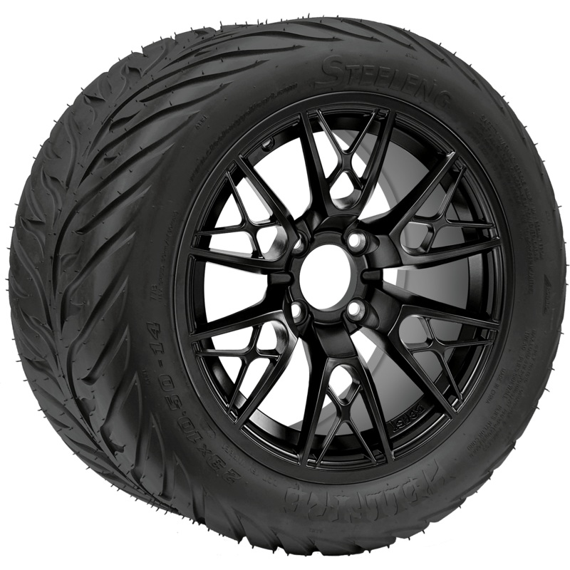 SGC 14 ” Saber Tooth Glossy Black Wheel – Aluminum Alloy / STEELENG 23 “x10.5 “-14 ” HELLFIRE All Terrain DOT Approved Tires Combo – Set of 4
