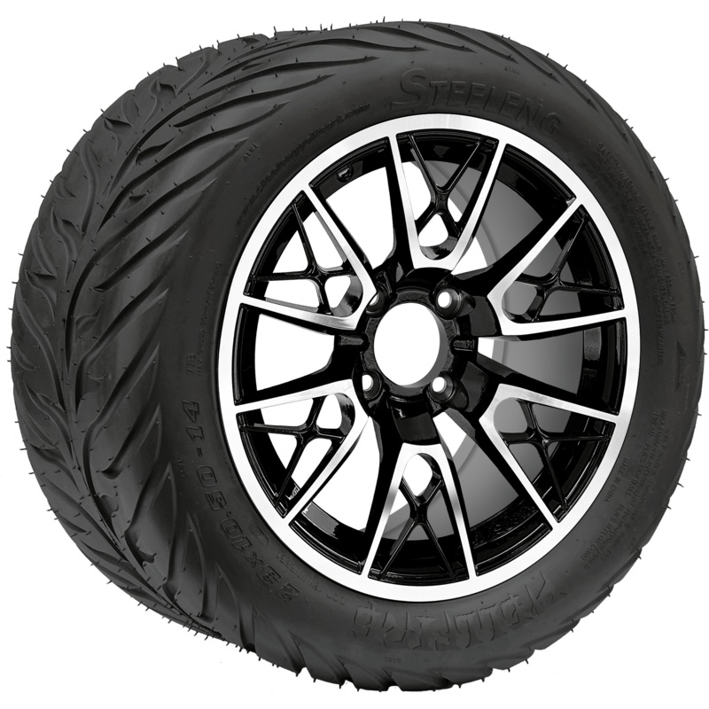 SGC 14″ Saber Tooth Machined Black Wheel / STEELENG 23″x10.5″-14″ HELLFIRE Street Tire DOT Approved Tires Combo – Set of 4