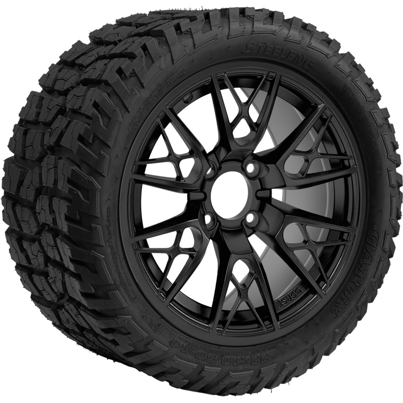 SGC 14 ” Saber Tooth Matte Black Wheel – Aluminum Alloy / STEELENG 22 “x10.5 “-14 ” GATOR All Terrain DOT Approved Tires Combo – Set of 4