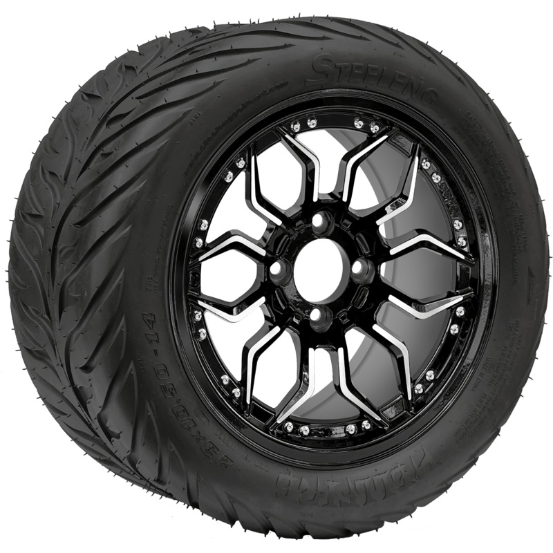 SGC 14 ” Scorpion Machined Black Wheel – Aluminum Alloy/ STEELENG 23 “x10.5 “-14 ” HELLFIRE All Terrain DOT Approved Tires Combo – Set of 4