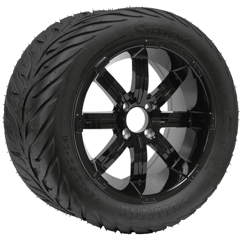 SGC 14″ Tempest Glossy Black Wheel – Aluminum Alloy / STEELENG 23″x10.5″-14″ HELLFIRE Street Tire DOT Approved Tires Combo – Set of 4