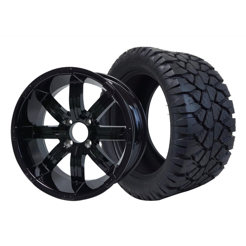SGC 14″ Tempest Glossy Black Wheel – Aluminum Alloy / STEELENG 23″x10.5″-14″ STINGER AT Tire DOT Approved Tires Combo – Set of 4