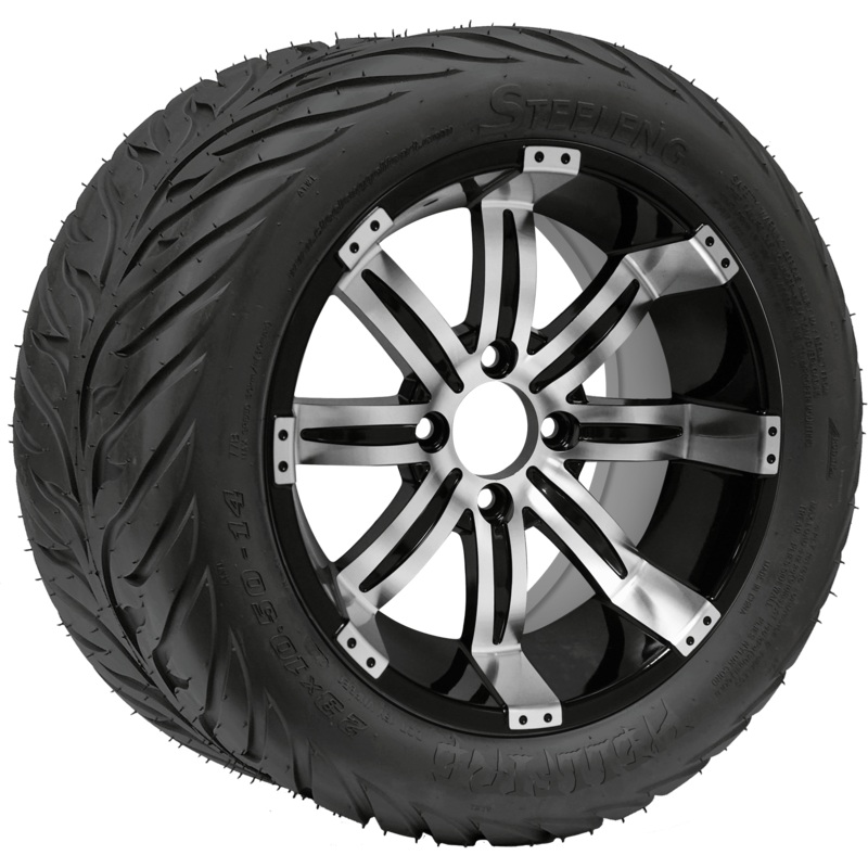 SGC 14″ Tempest Machined/Black Wheel – Aluminum Alloy / STEELENG 23″x10.5″-14″ HELLFIRE Street Tire DOT Approved Tires Combo – Set of 4