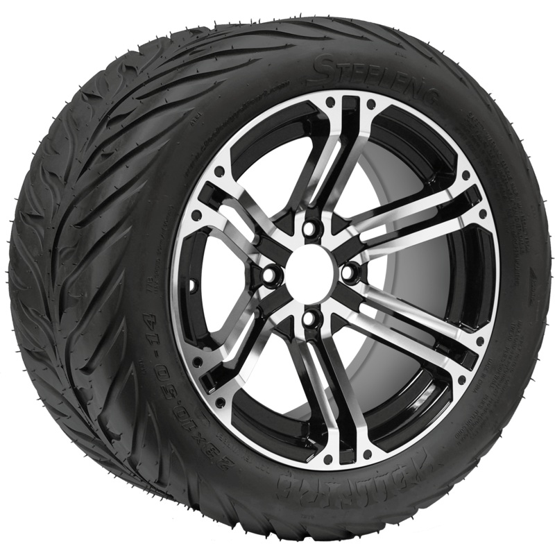 SGC 14″ Terminator Machined/Black Wheel – Aluminum Alloy / STEELENG 23″x10.5″-14″ HELLFIRE Street Tire DOT Approved Tires Combo – Set of 4