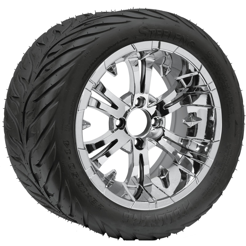 SGC 14″ Vampire Chrome Wheel – Aluminum Alloy / STEELENG 23″x10.5″-14″ HELLFIRE Street Tire DOT Approved Tires Combo – Set of 4
