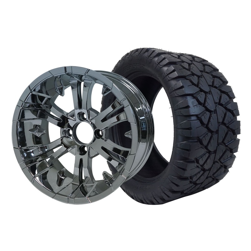 SGC 14″ Vampire Chrome Wheel – Aluminum Alloy / STEELENG 23″x10.5″-14″ STINGER AT Tire DOT Approved Tires Combo – Set of 4