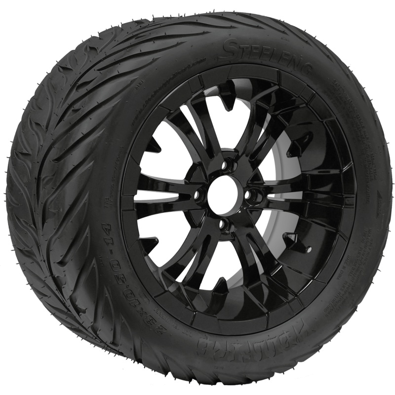 SGC 14″ Vampire Glossy Black Wheel – Aluminum Alloy / STEELENG 23″x10.5″-14″ HELLFIRE Street Tire DOT Approved Tires Combo – Set of 4