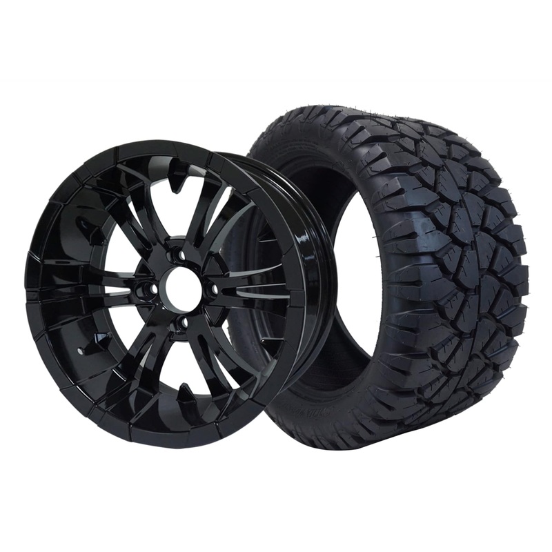 SGC 14″ Vampire Glossy Black Wheel – Aluminum Alloy / STEELENG 23″x10.5″-14″ STINGER AT Tire DOT Approved Tires Combo – Set of 4