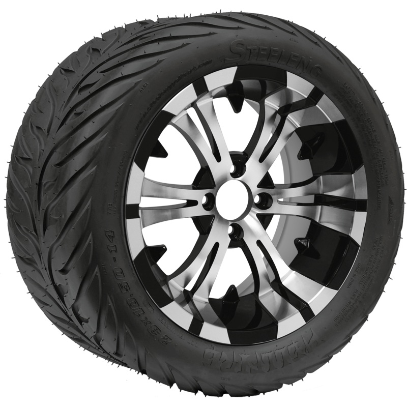 SGC 14″ Vampire Machined/Black Wheel – Aluminum Alloy / STEELENG 23″x10.5″-14″ HELLFIRE Street Tire DOT Approved Tires Combo – Set of 4