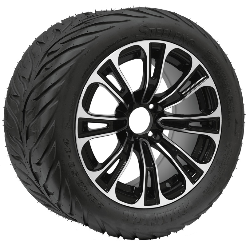 SGC 14″ Vector Machined/Black Wheel – Aluminum Alloy / STEELENG 23″x10.5″-14″ HELLFIRE Street Tire DOT Approved Tires Combo – Set of 4