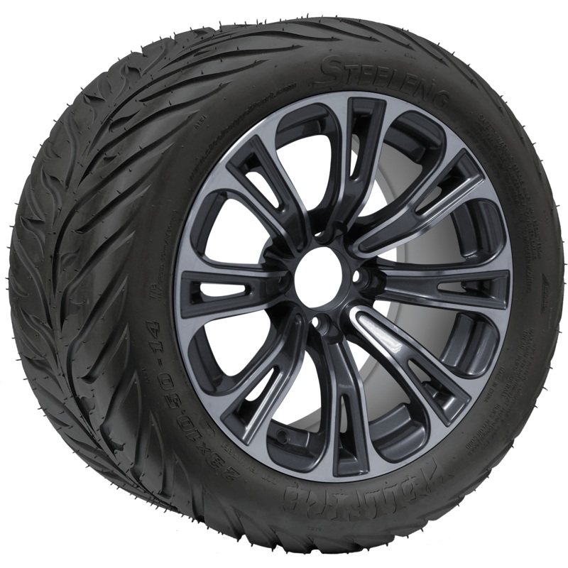 SGC 14″ Vector Machined/Gunmetal Wheel – Aluminum Alloy / STEELENG 23″x10.5″-14″ HELLFIRE Street Tire DOT Approved Tires Combo – Set of 4