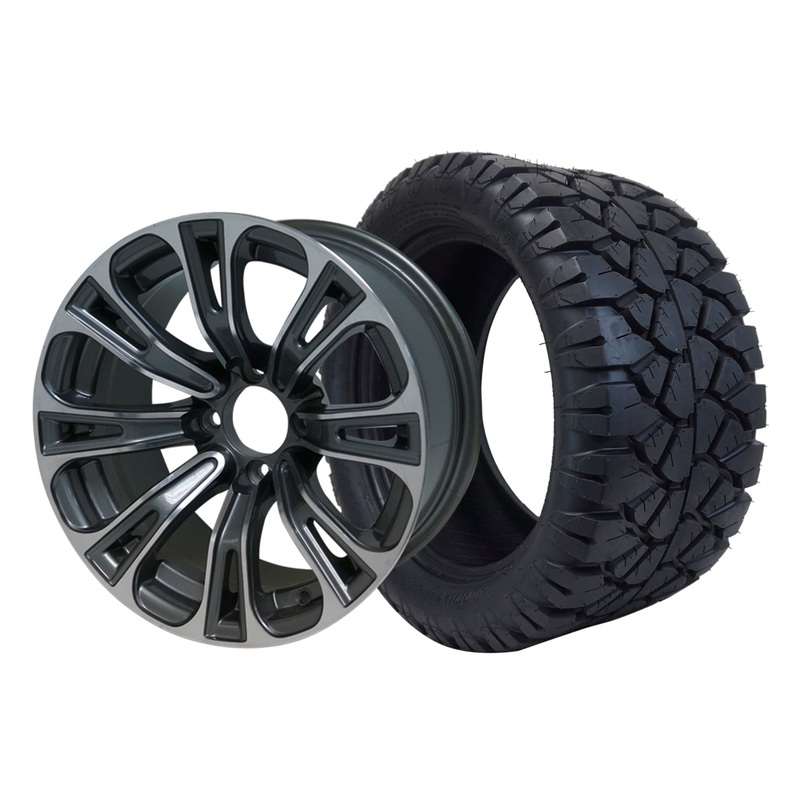SGC 14″ Vector Machined/Gunmetal Wheel – Aluminum Alloy / STEELENG 23″x10.5″-14″ STINGER AT Tire DOT Approved Tires Combo – Set of 4