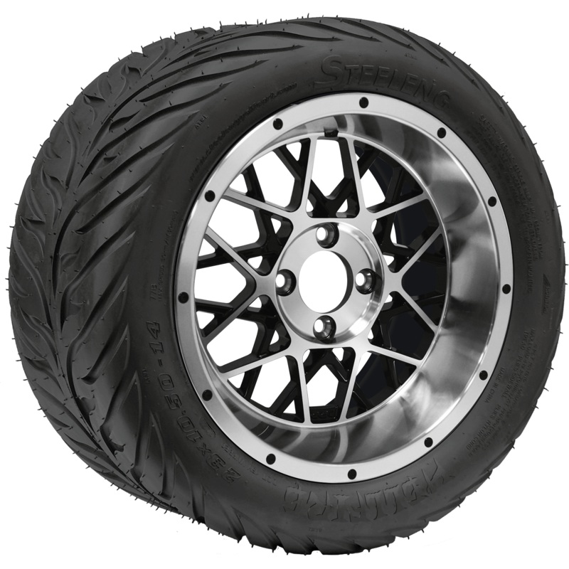 SGC 14″ Venom Machined/Black Wheel – Aluminum Alloy / STEELENG 23″x10.5″-14″ HELLFIRE Street Tire DOT Approved Tires Combo – Set of 4