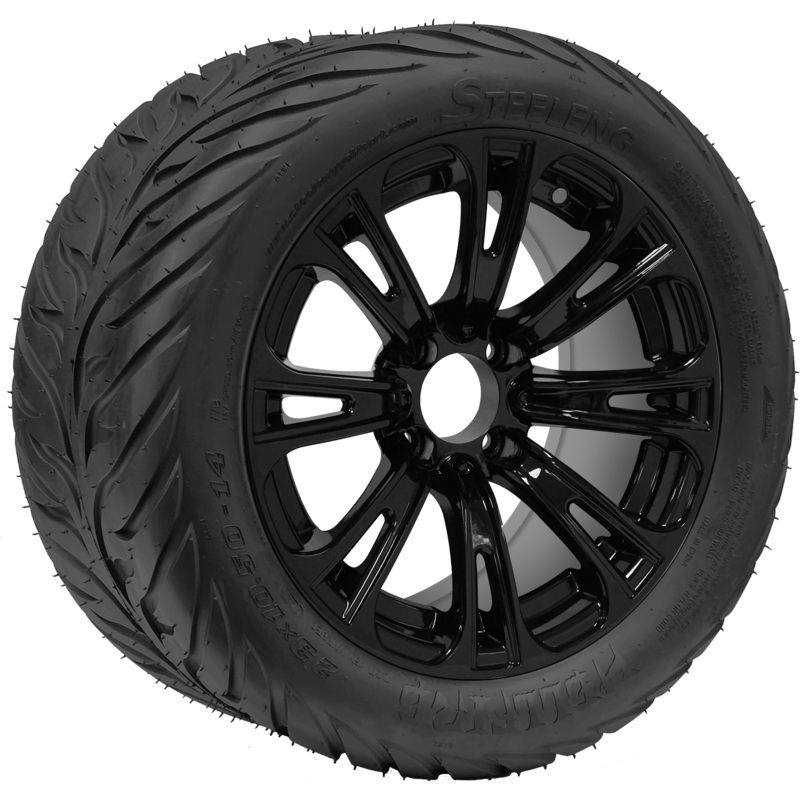 SGC 14″ Voodoo Glossy Black Wheel – Aluminum Alloy / STEELENG 23″x10.5″-14″ HELLFIRE Street Tire DOT Approved Tires Combo – Set of 4