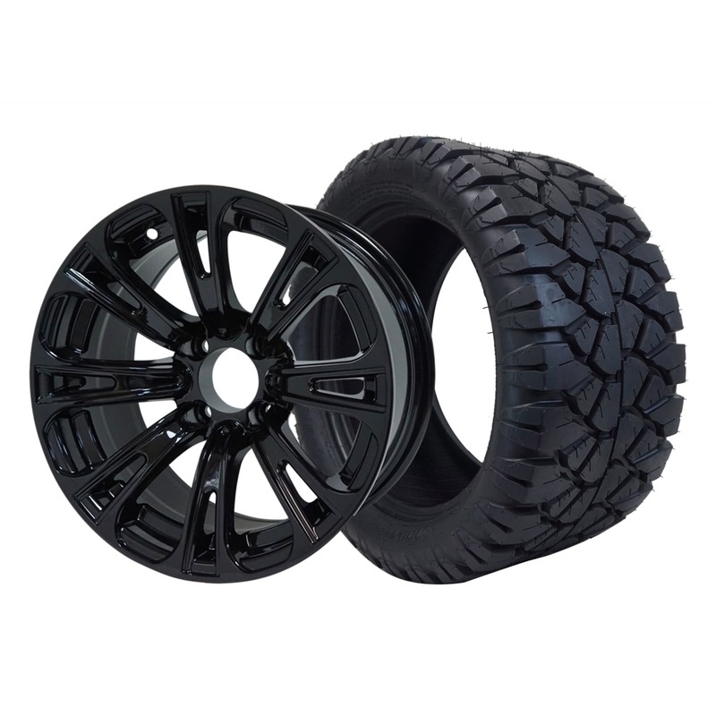 SGC 14″ Voodoo Glossy Black Wheel – Aluminum Alloy / STEELENG 23″x10.5″-14″ STINGER AT Tire DOT Approved Tires Combo – Set of 4