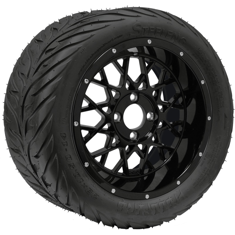 SGC 14″ x 7″ Venom Glossy Black Wheel – Aluminum Alloy / STEELENG 23″x10.5″-14″ HELLFIRE Street Tire DOT Approved Tires Combo – Set of 4