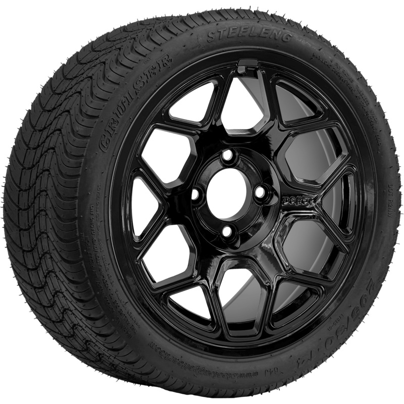 SGC 14 ” Yeti Glossy Black Wheel – Aluminum Alloy / STEELENG 205/30-14 Low Profile Tire DOT Approved Tires Combo – Set of 4
