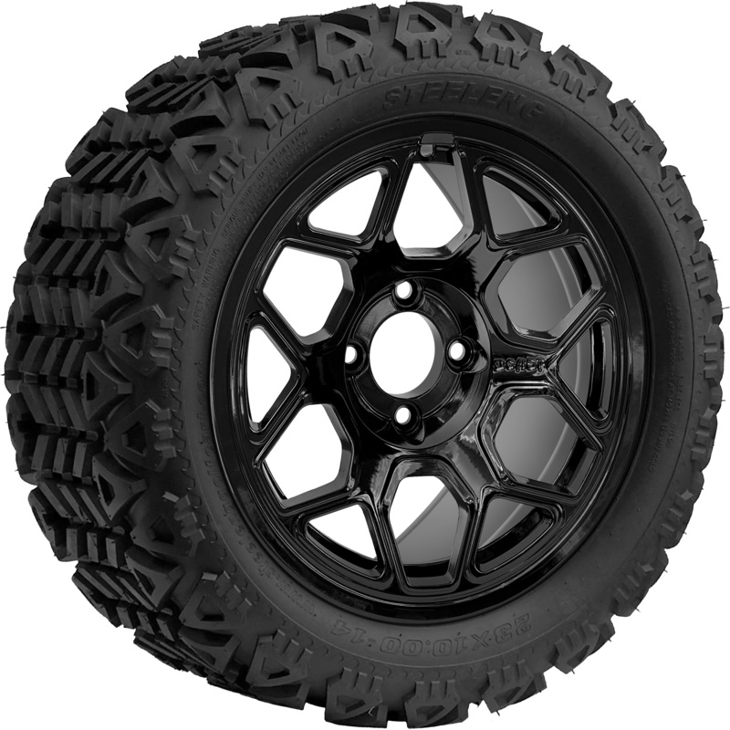 SGC 14 ” Yeti Glossy Black Wheel – Aluminum Alloy / STEELENG 23 “x10 “-14 ” All Terrain Tire DOT Approved Tires Combo – Set of 4