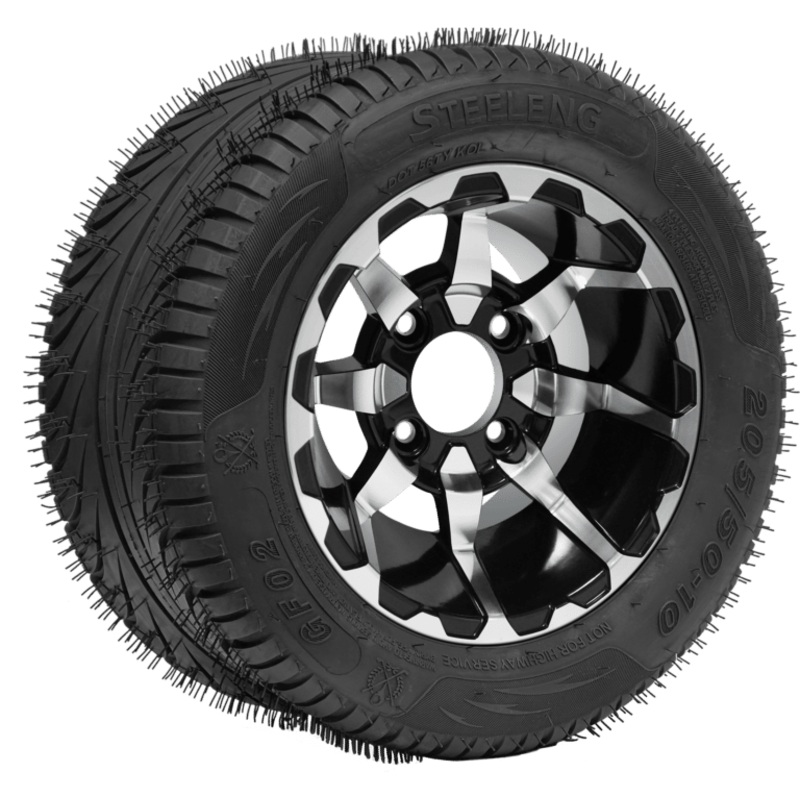 SGC 10″ Vortex Machined/Black Wheel – Aluminum Alloy / STEELENG 205/50-10 QH Low Profile Tire DOT Approved Tires Combo – Set of 4