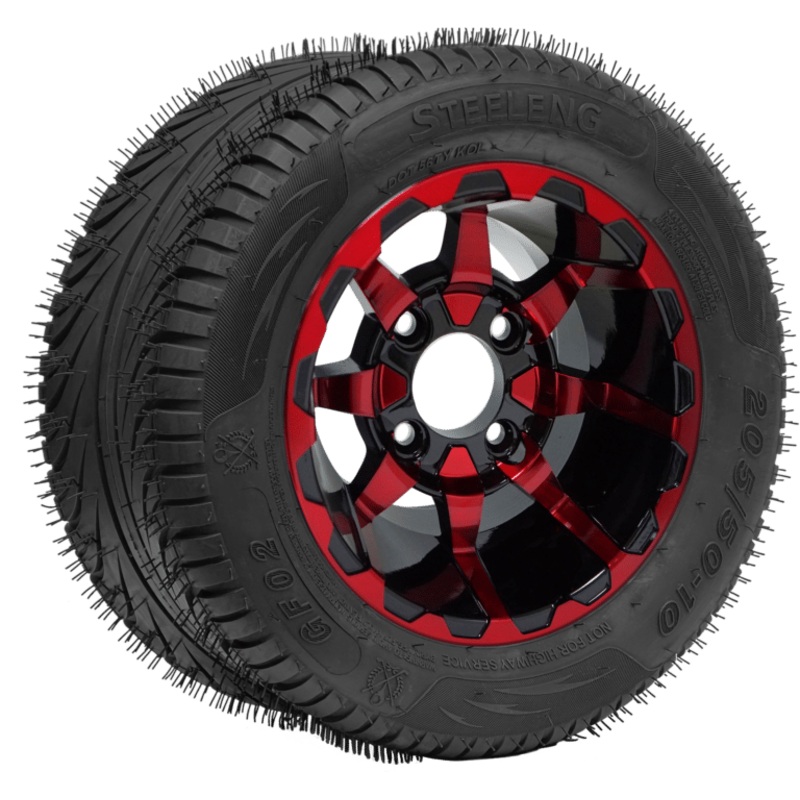 SGC 10″ Vortex Red/Black Wheel – Aluminum Alloy / STEELENG 205/50-10 QH Low Profile Tire DOT Approved Tires Combo – Set of 4