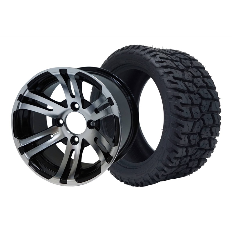 SGC 12″ Bulldog Machined/Black Wheel – Aluminum Alloy / STEELENG 215/40-12 GATOR Hybrid Low Profile / All Terrain Tire DOT Approved Tires Combo – Set of 4