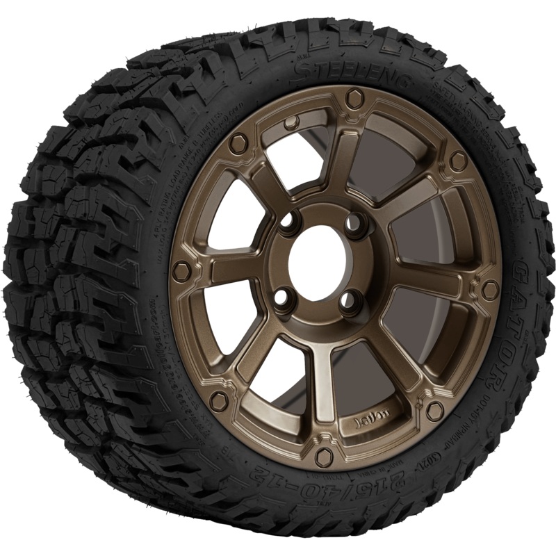 SGC 12 ” Cyclops Bronze Wheel – Aluminum Alloy / STEELENG 215/40-12 GATOR Hybrid Low Profile / All Terrain Tire DOT Approved Tires Combo – Set of 4