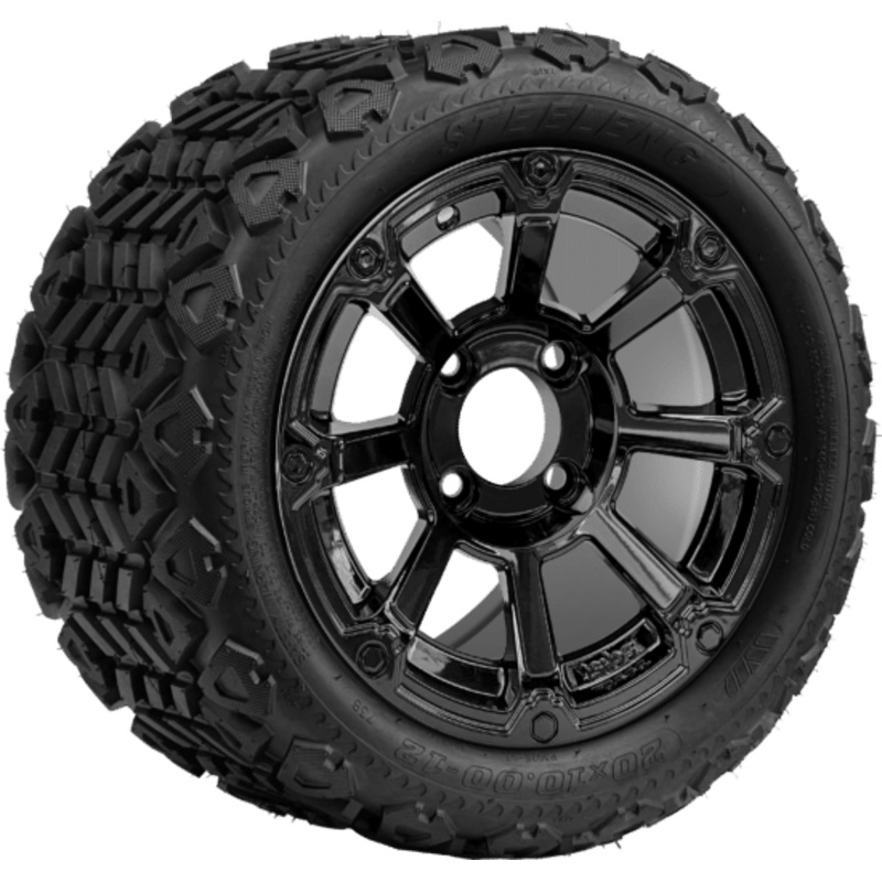 SGC 12 ” Cyclops Glossy Black Wheel – Aluminum Alloy / STEELENG 20 “x10 “-12 ” All Terrain Tire DOT approved Tires Combo – Set of 4