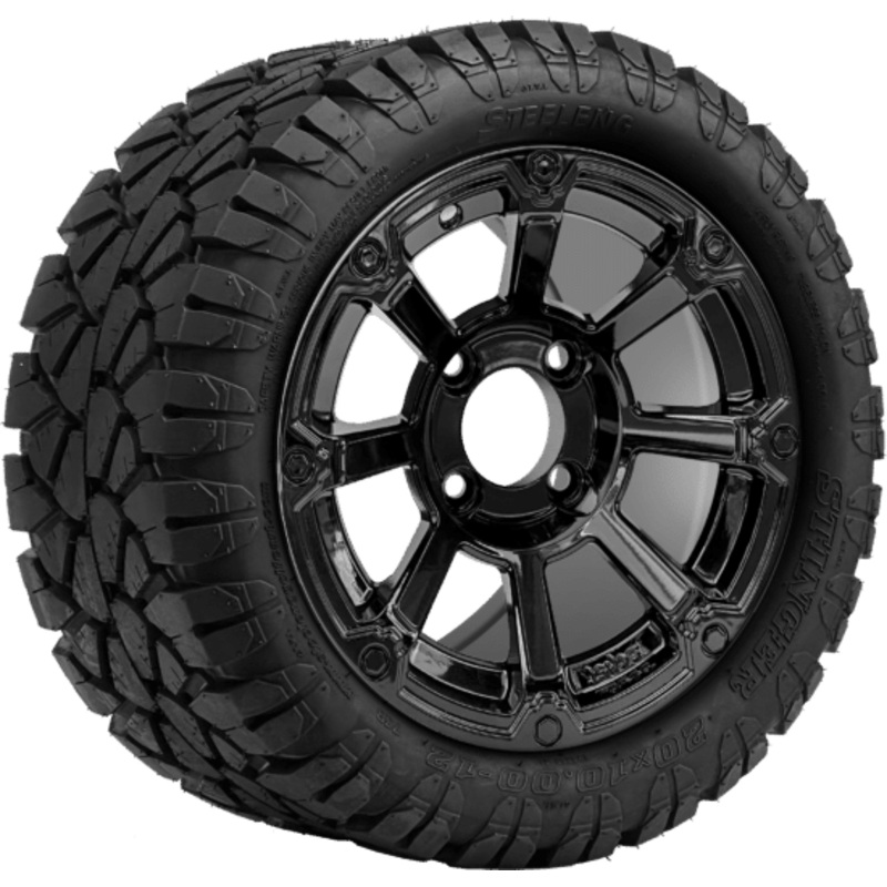 SGC 12 ” Cyclops Glossy Black Wheel – Aluminum Alloy / STEELENG 20 “x10 “-12 ” STINGER All Terrain Tire DOT approved  Tires Combo – Set of 4