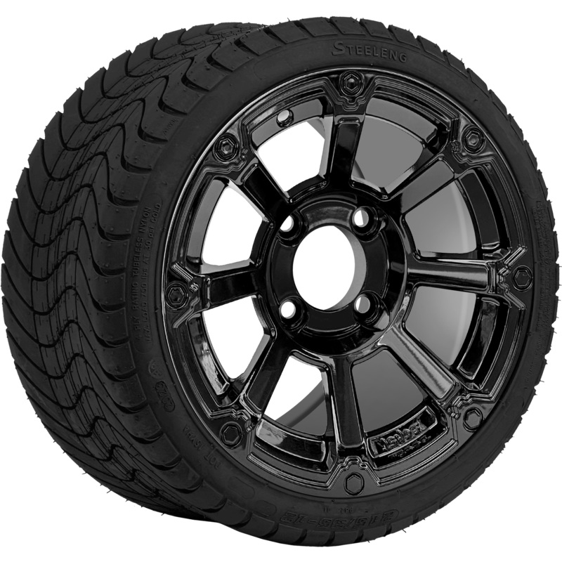 SGC 12 ” Cyclops Glossy Black Wheel – Aluminum Alloy / STEELENG 215/35-12 Low Profile Tire Tires Combo – Set of 4