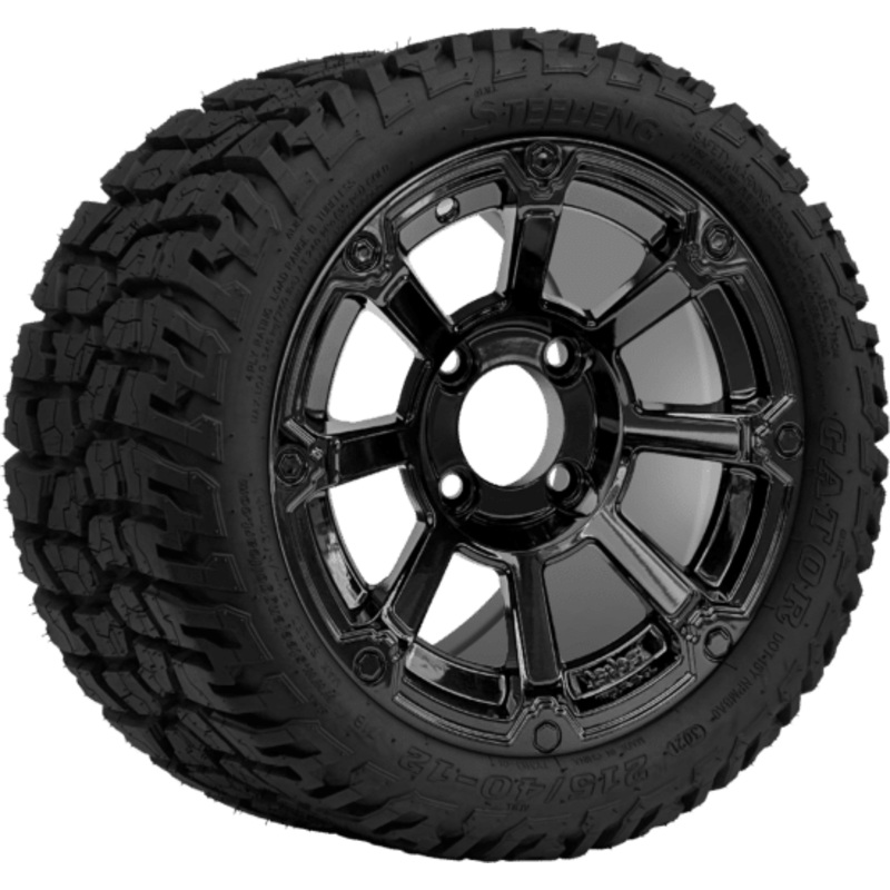 SGC 12 ” Cyclops Glossy Black Wheel – Aluminum Alloy / STEELENG 215/40-12 GATOR Hybrid Low Profile / All Terrain Tire DOT Approved Tires Combo – Set of 4