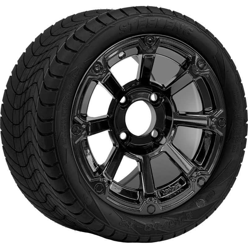 SGC 12 ” Cyclops Glossy Black Wheel – Aluminum Alloy / STEELENG 215/40-12 Low Profile Tire DOT Approved Tires Combo – Set of 4