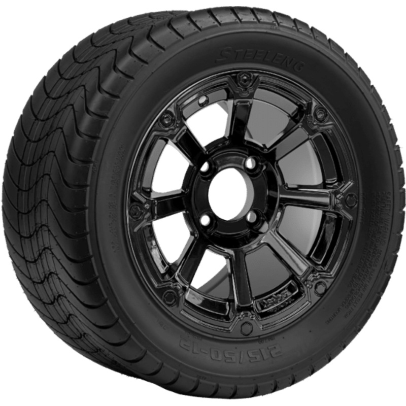 SGC 12 ” Cyclops Glossy Black Wheel – Aluminum Alloy / STEELENG 215/50-12 Comfort Ride Street Tire DOT Approved Tires Combo – Set of 4