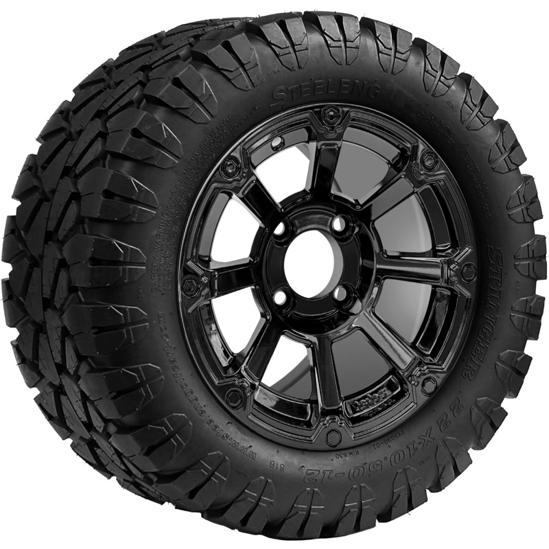 SGC 12 ” Cyclops Glossy Black Wheel – Aluminum Alloy / STEELENG 22 “x10.5 “-12 ” STINGER All Terrain Tire DOT approved Tires Combo – Set of 4